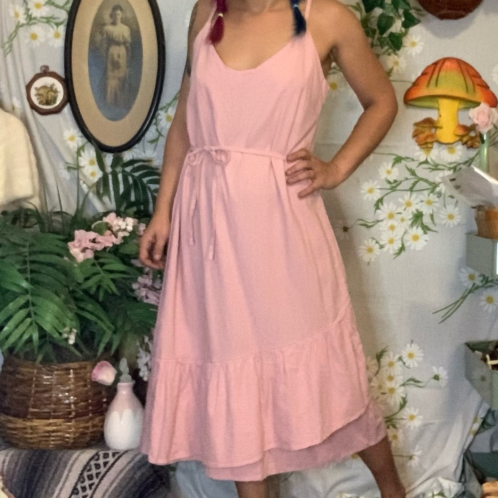 Vero moda pink linen ruffle hem strappy midi dress - Picture 2 of 7